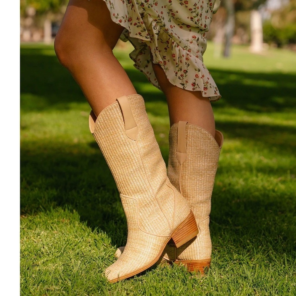 LIMITED EDITION RAFFIA COWBOY BOOT Western Cowgirl Cream Woven Vegan NEW 9